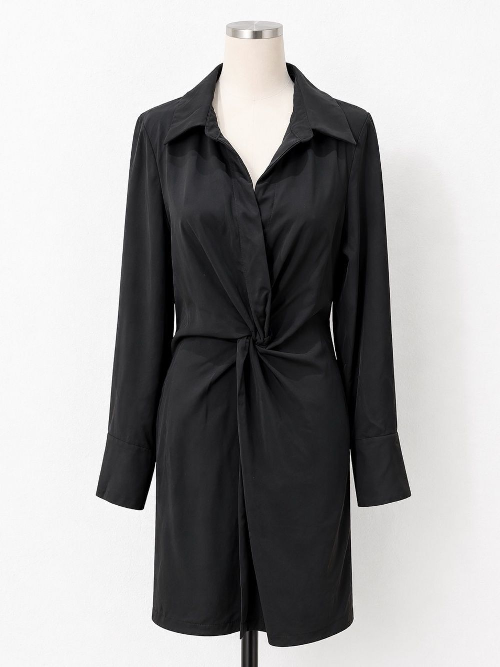 Gracia Twist Front Minimalist Shirt Dress Long Sleeve Pockets Zip Black M NEW